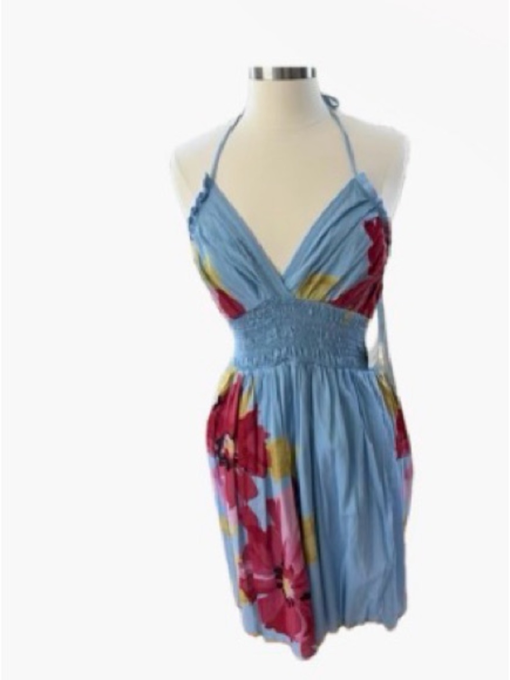 Blue Floral V-Neck Smocked Waist Dress